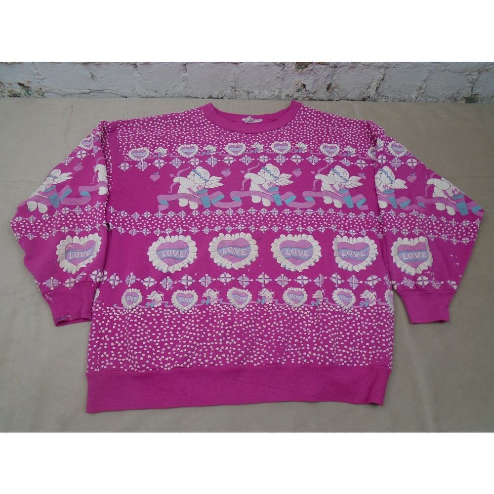 Vintage 80s Grandma Sweater Puffy Print Hearts Teddy Bear Cherub Valentines L - Picture 1 of 14